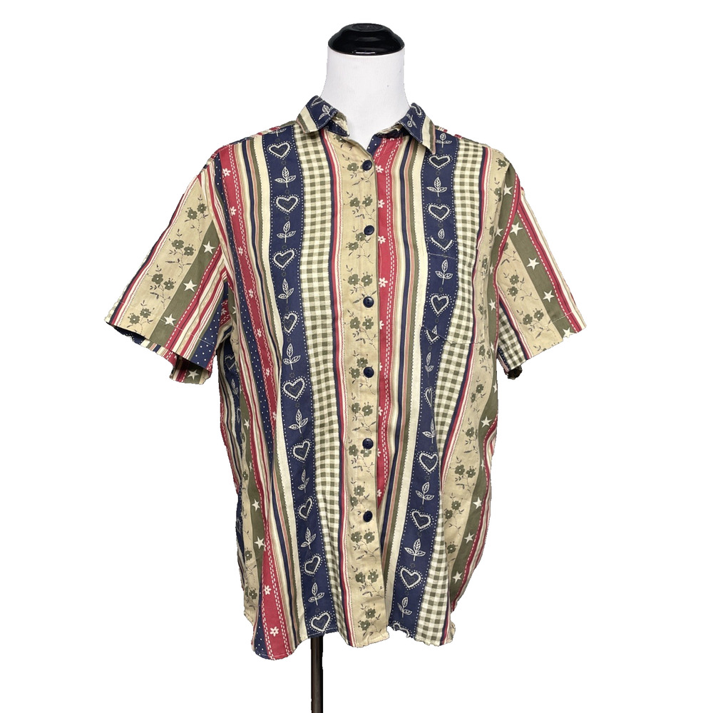VTG Paradise Bay Womens L Patchwork Stripe Button Shirt Floral Heart Stars USA